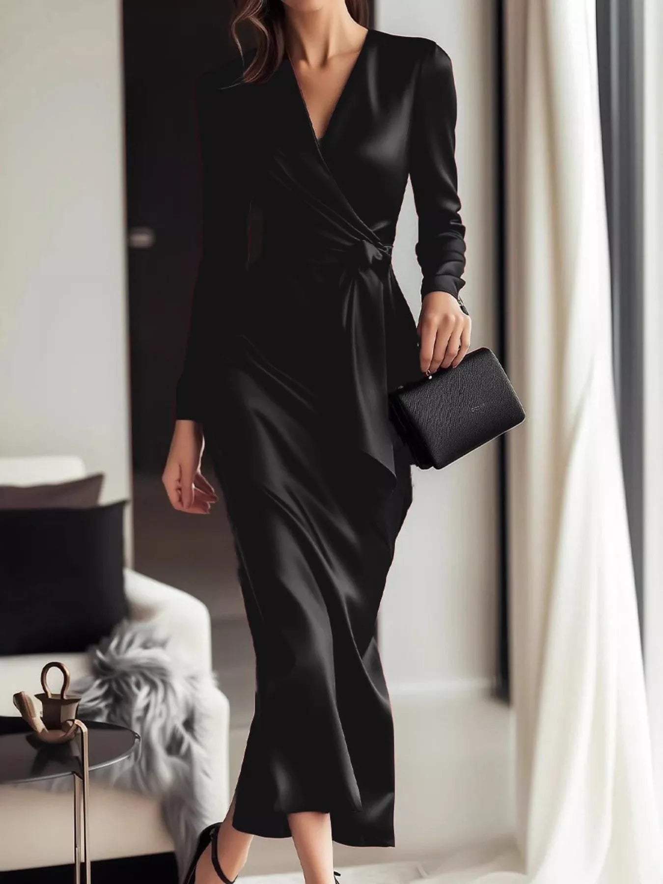 Satin Wrap Long Sleeve Midi Dress 006 - Poppy & Pearl Edit