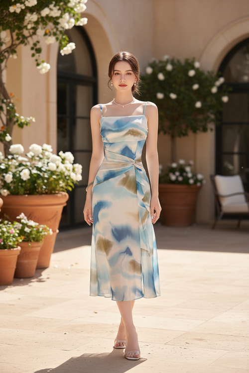 Abstract Watercolor Print Ruched Midi Dress — Elegant