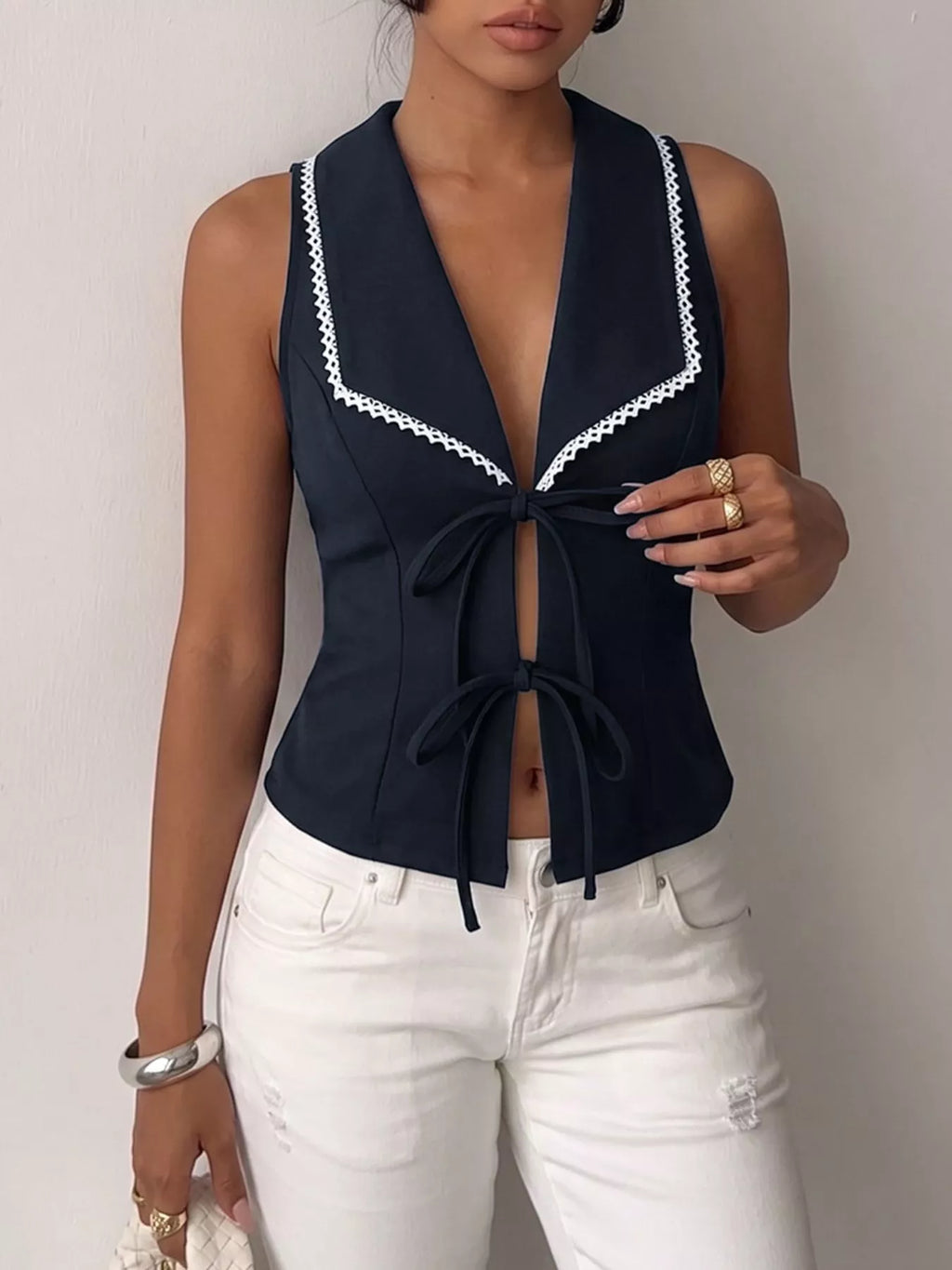 Lace Trim Tie Front Vest 005 - Poppy & Pearl Edit