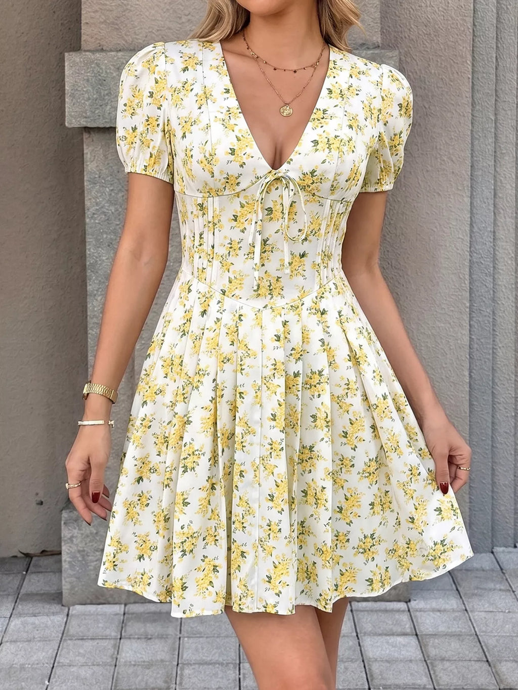 Floral Print V Neck Puff Sleeve Mini Dress 002 - Poppy & Pearl Edit