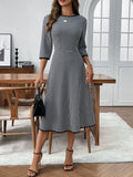 Plaid Round Neck Three Quarter Sleeve Dress Back View - Poppy & Pearl Edit