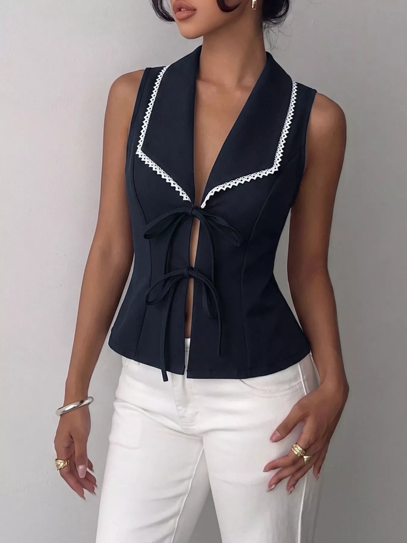 Lace Trim Tie Front Vest 002 - Poppy & Pearl Edit