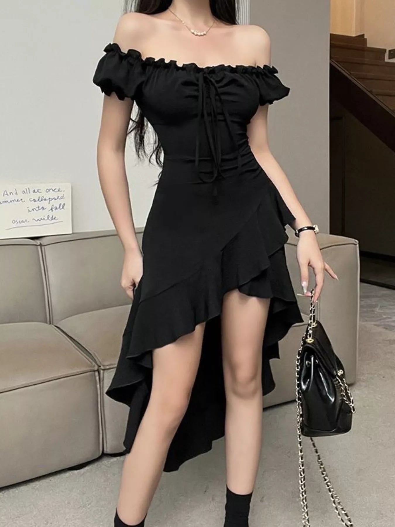 Off Shoulder Ruffle Hem High Low Dress 003 - Poppy & Pearl Edit