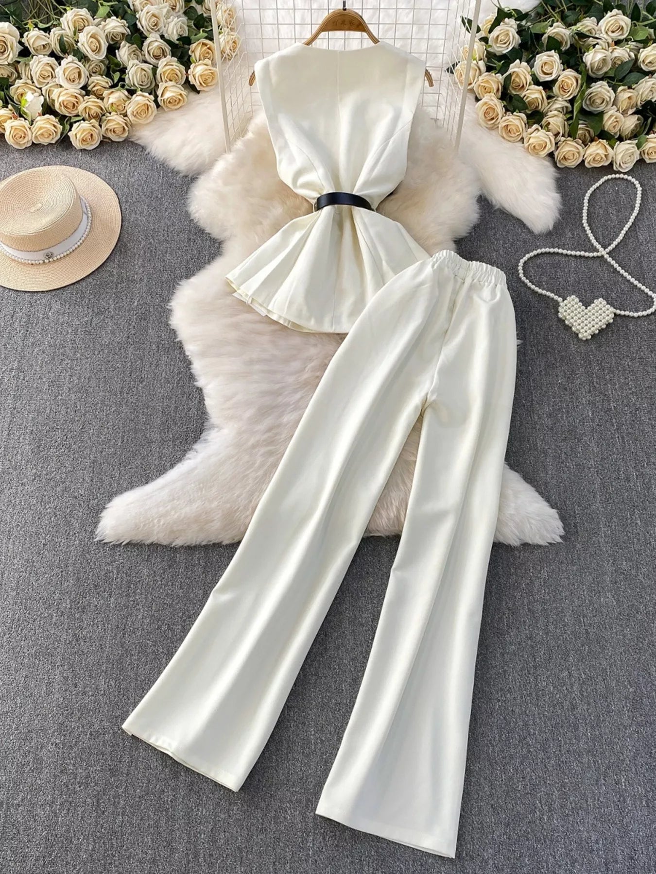 Sleeveless Top And Wide Leg Pants Set 002 - Poppy & Pearl Edit
