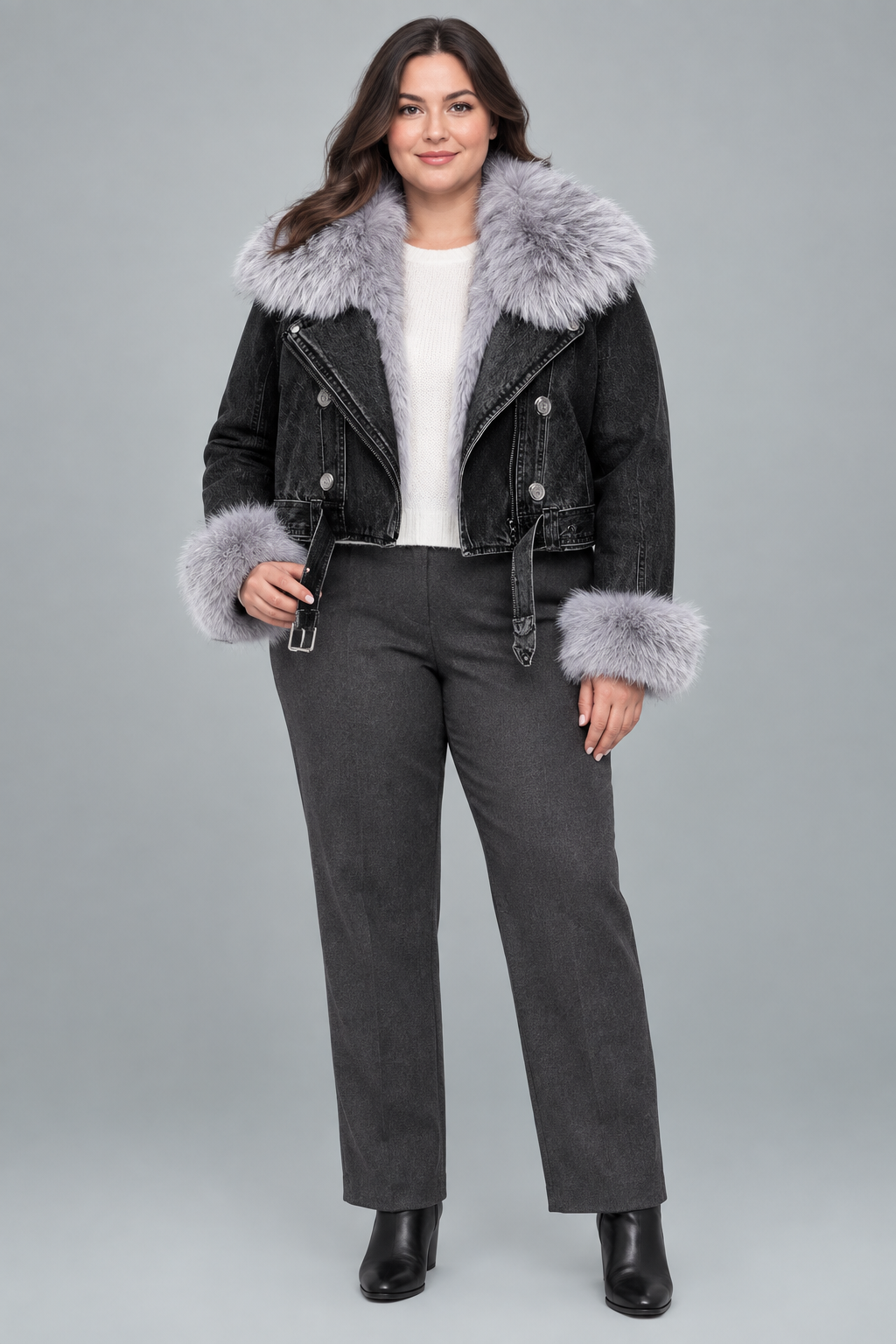 Black denim jacket in a relaxed, wearable studio pose