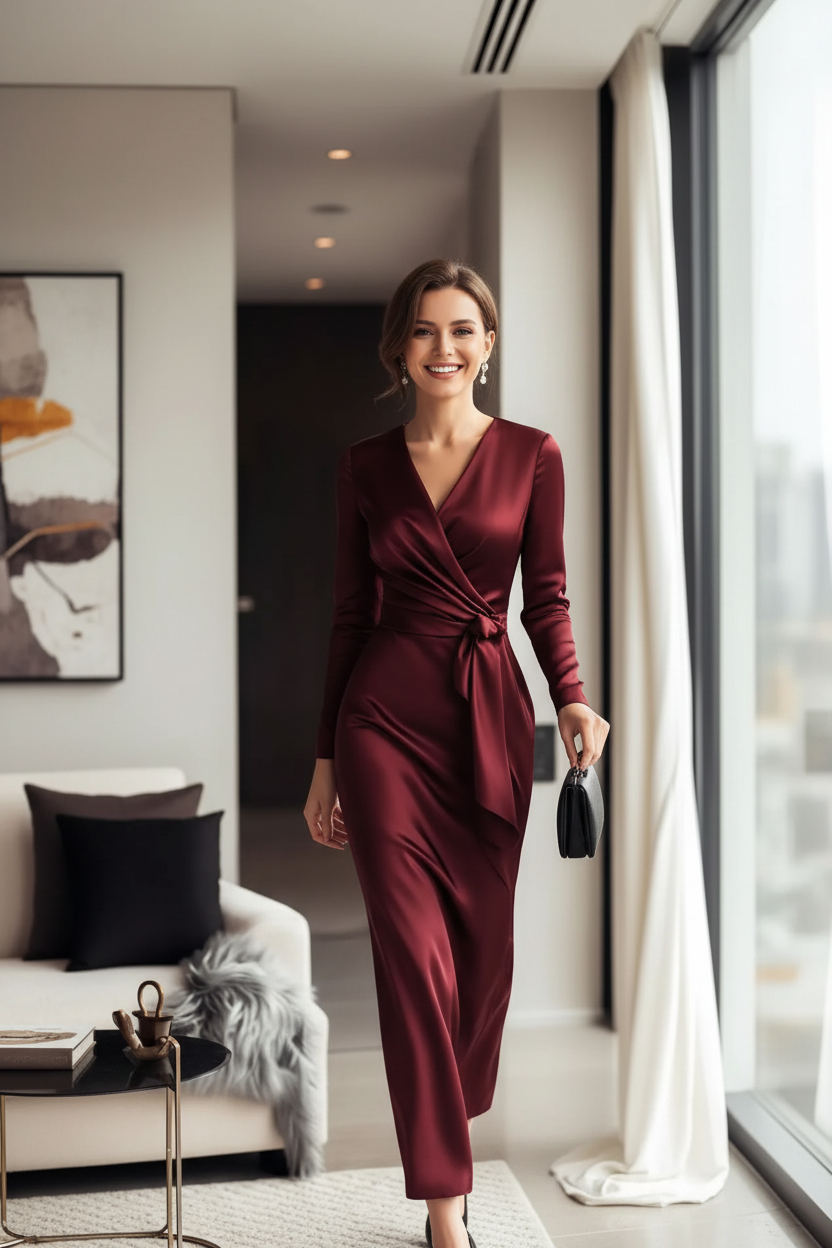 Satin Wrap Long Sleeve Midi Dress 001 - Poppy & Pearl Edit