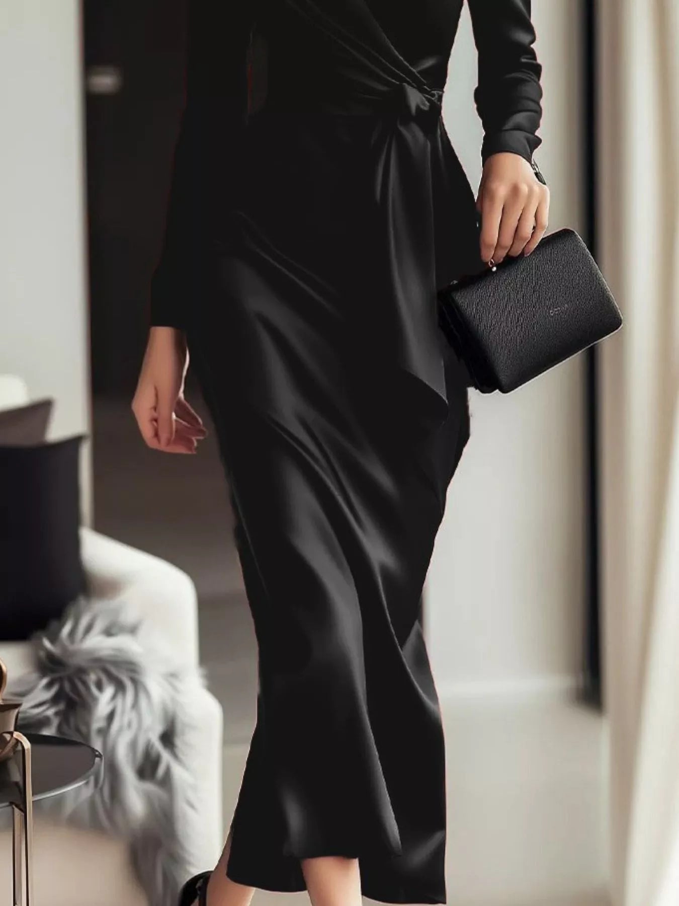Satin Wrap Long Sleeve Midi Dress 008 - Poppy & Pearl Edit