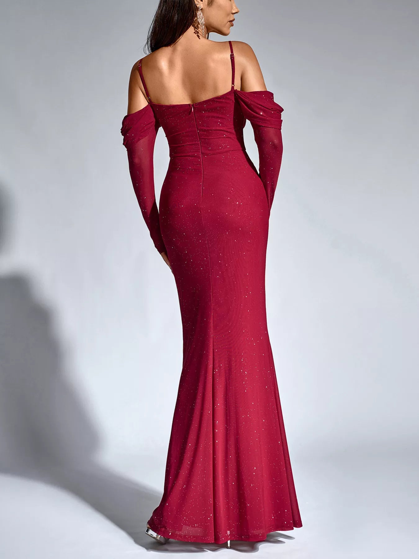 Glitter Ruched Long Sleeve Mermaid Maxi Dress 005 - Poppy & Pearl Edit