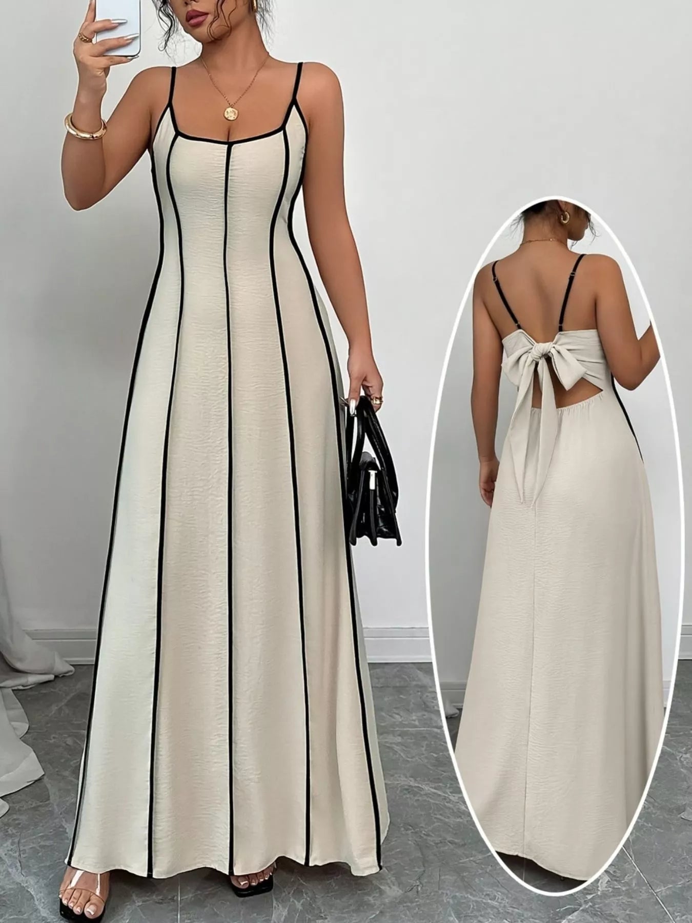 Contrast Trim Spaghetti Strap Maxi Dress Front View - Poppy & Pearl Edit
