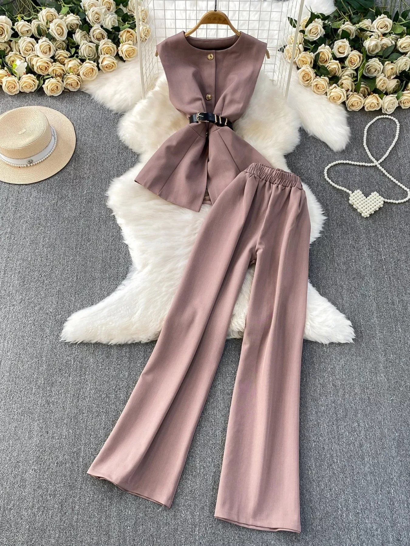 Sleeveless Top And Wide Leg Pants Set 017 - Poppy & Pearl Edit