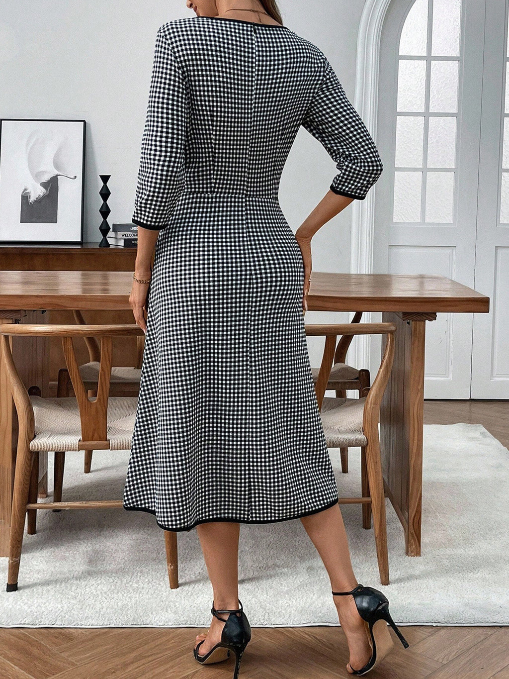 Plaid Round Neck Three Quarter Sleeve Dress Studio Shot - Poppy & Pearl Edit