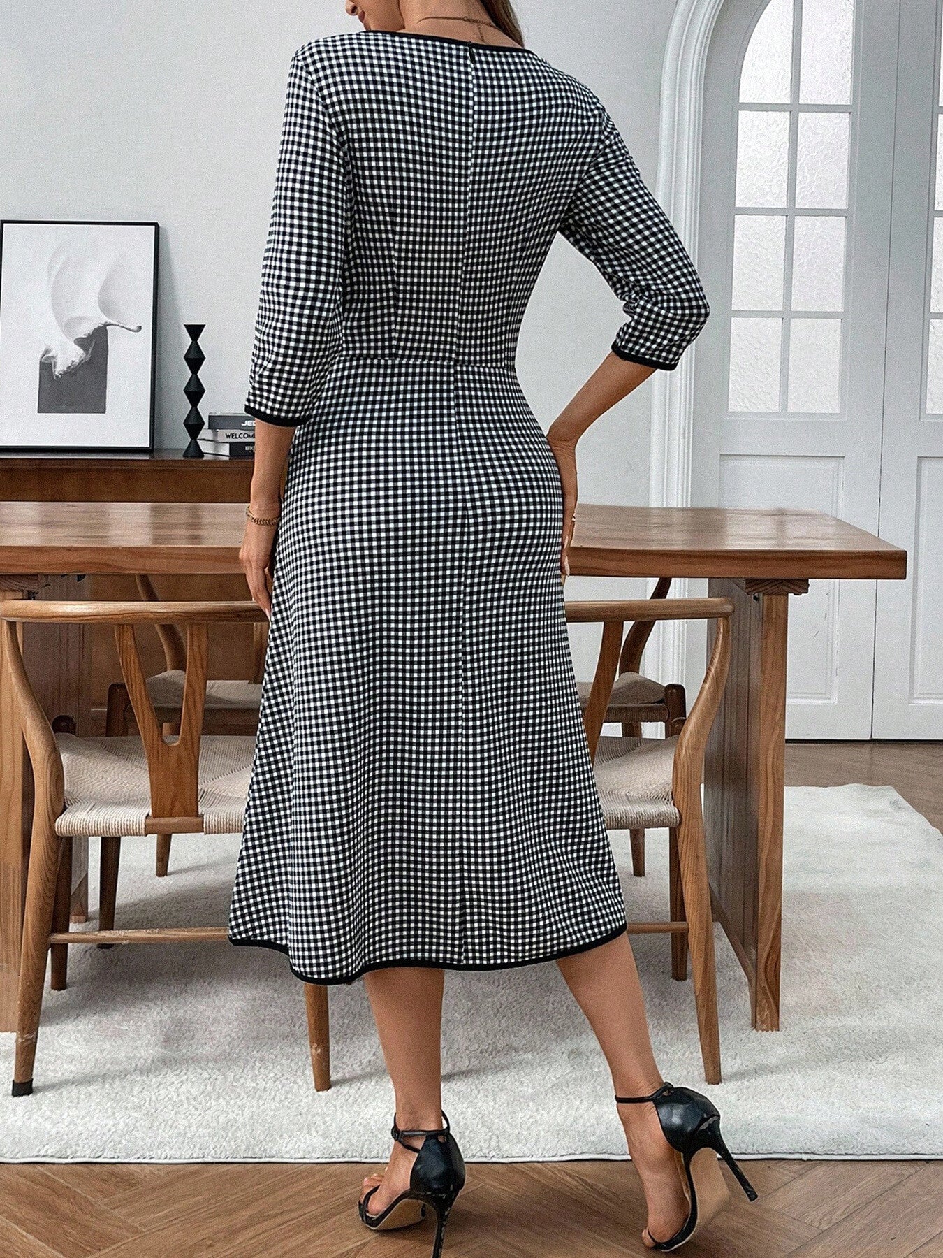 Plaid Round Neck Three Quarter Sleeve Dress Studio Shot - Poppy & Pearl Edit