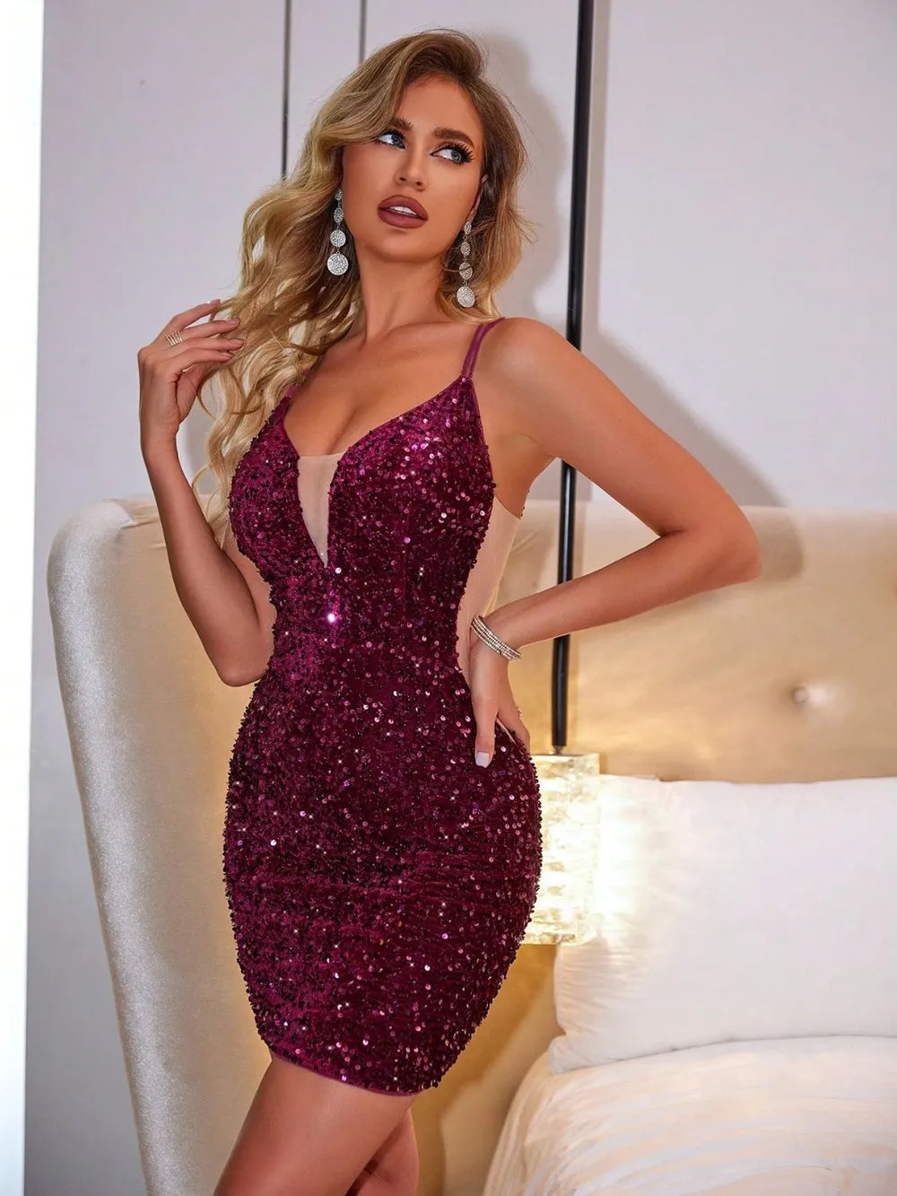 Lace Up Sequin Plunge Sleeveless Dress 006 - Poppy & Pearl Edit