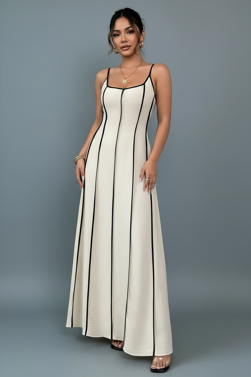 Contrast Piping Spaghetti Strap Maxi Dress - Front Facing No Props