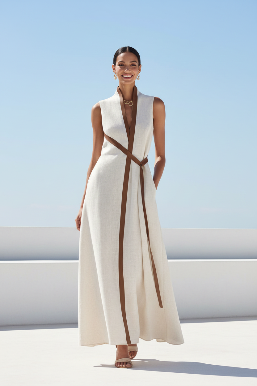 Sleeveless Contrast Trim Maxi Dress Front View - Poppy & Pearl Edit