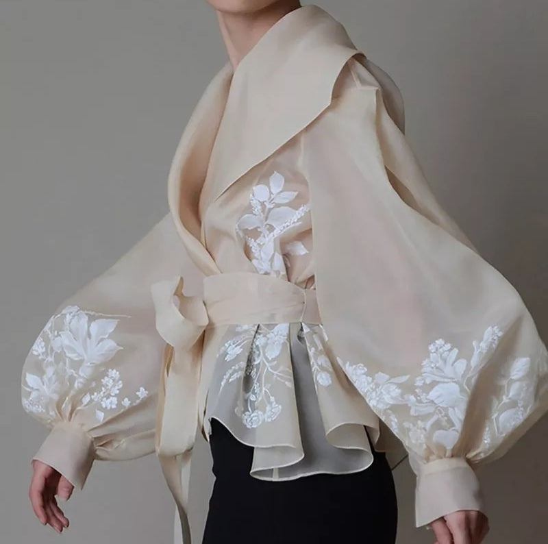 Minimalist Vintage Print Embroidery Shirt Organza Back View - Poppy & Pearl Edit