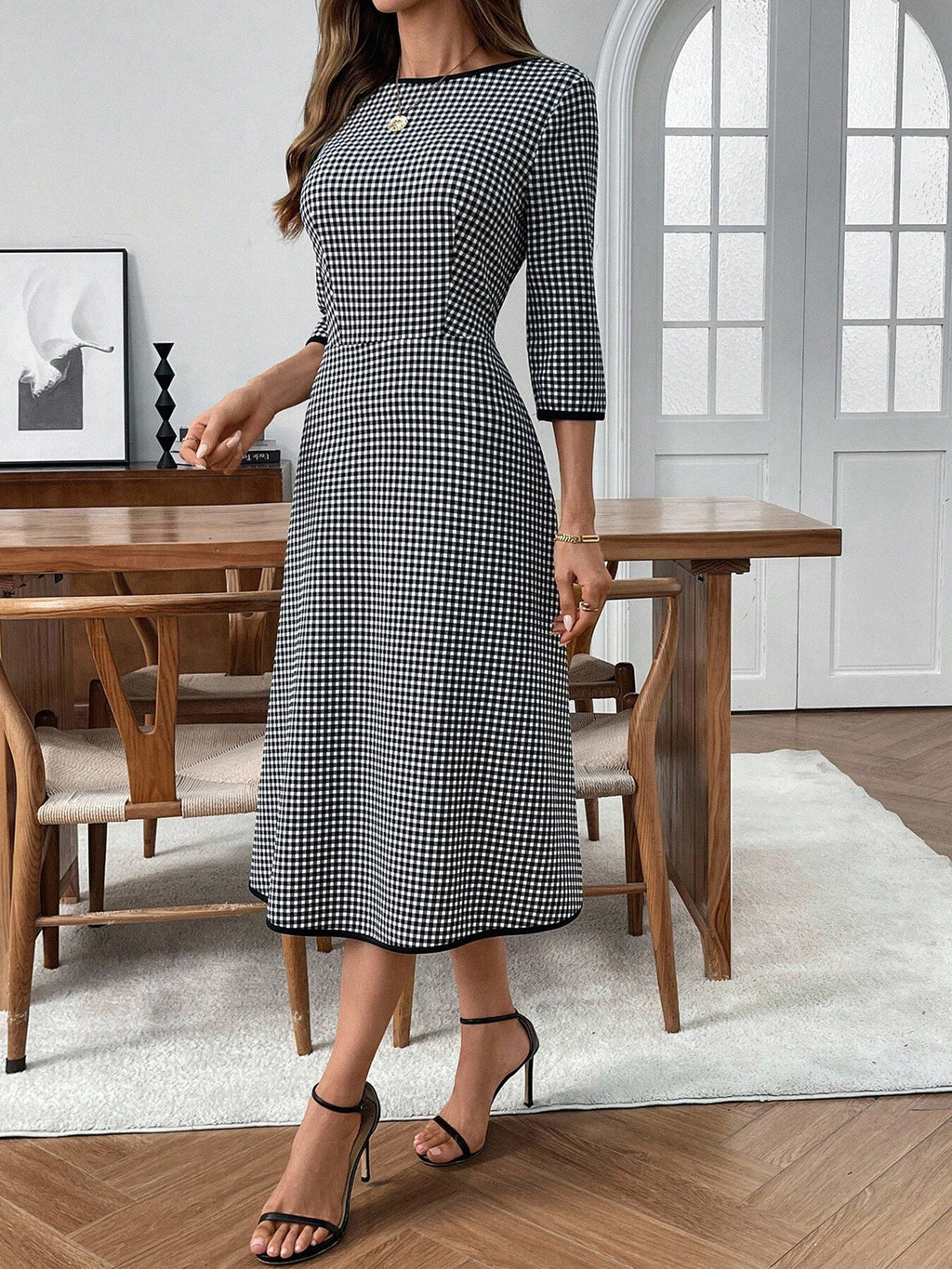 Plaid Round Neck Three Quarter Sleeve Dress Lifestyle - Poppy & Pearl Edit