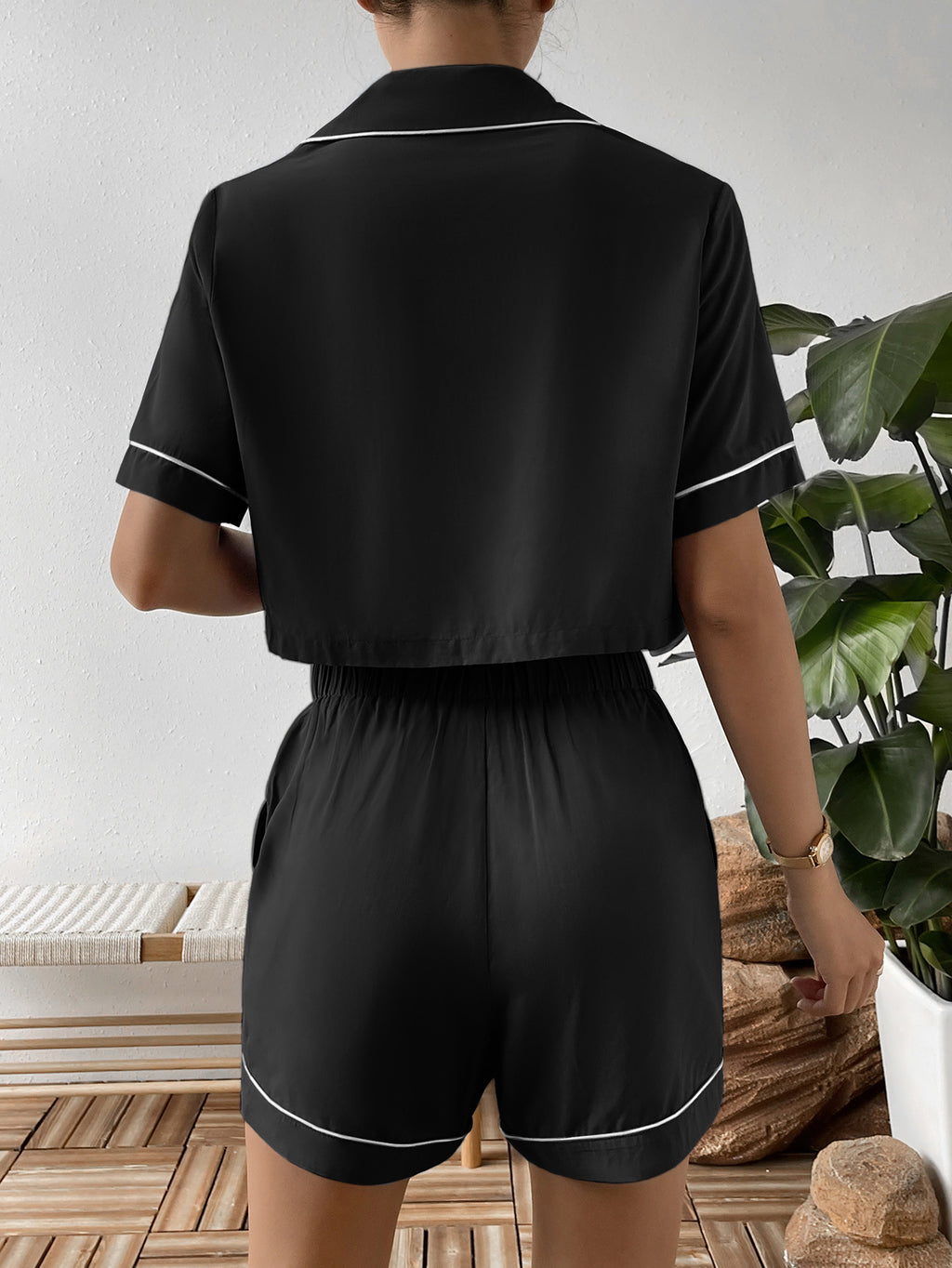 Ivy Lane Contrast Lapel Collar Cropped Shirt Shorts Lounge Set Close Up - Poppy & Pearl Edit
