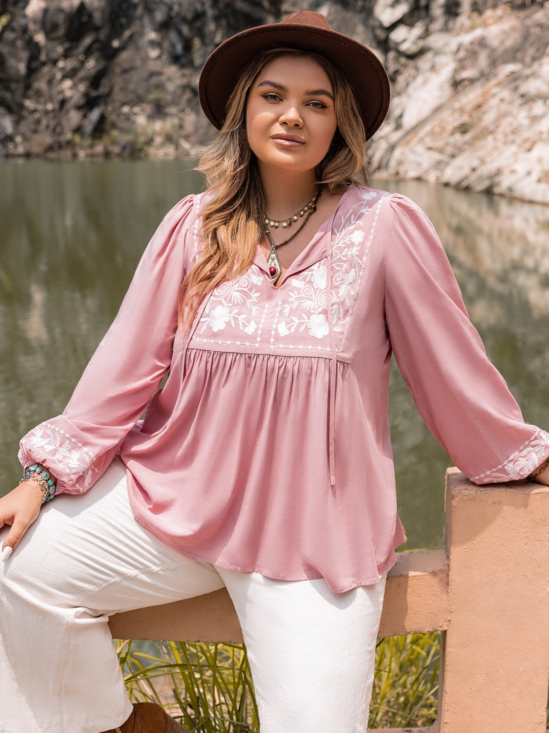 Plus Size Tie Neck Puff Sleeve Blouse 003 - Poppy & Pearl Edit