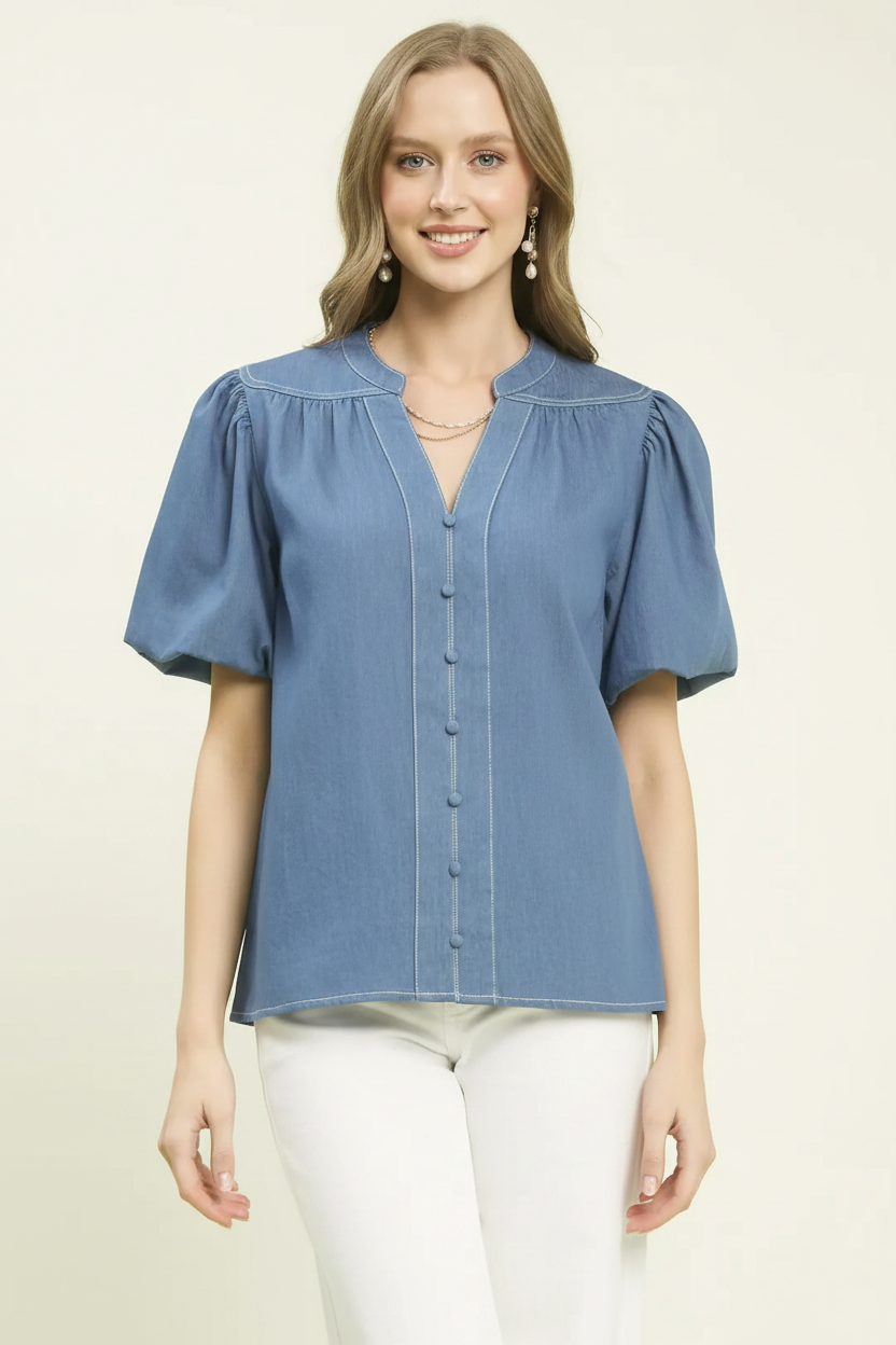 Denim Button Front Puff Sleeve Boho Blouse - Ivory Background