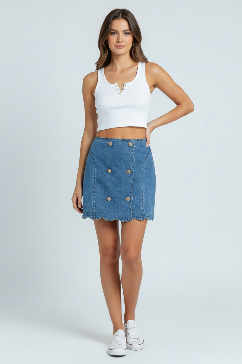 Denim Scalloped Buttoned Front Skirt 001 - Poppy & Pearl Edit