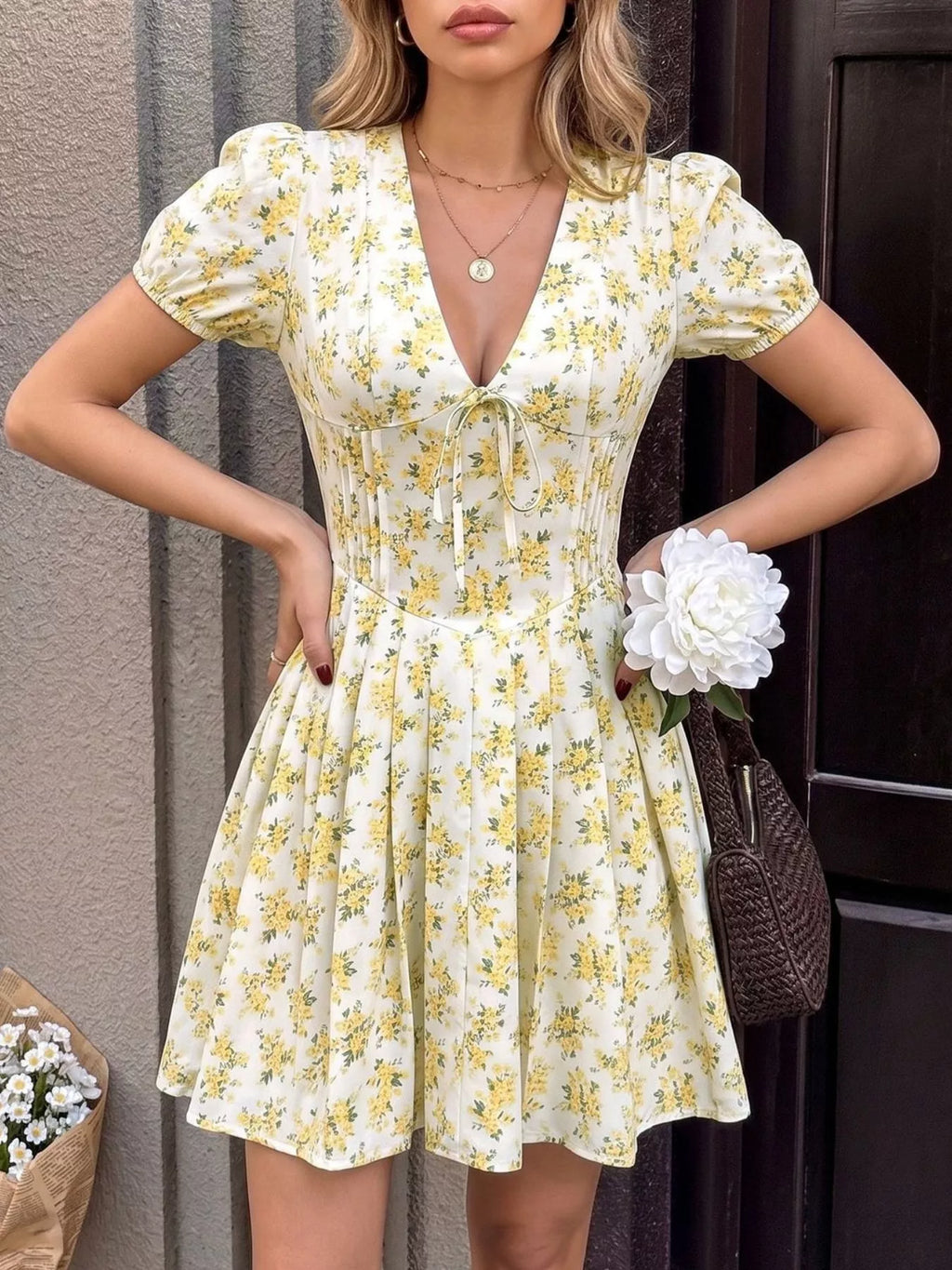 Floral Print V Neck Puff Sleeve Mini Dress 003 - Poppy & Pearl Edit