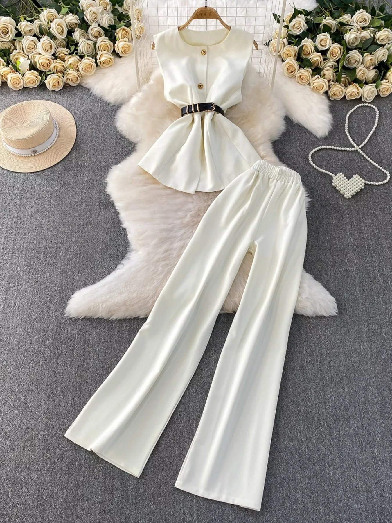 Sleeveless Top And Wide Leg Pants Set 001 - Poppy & Pearl Edit