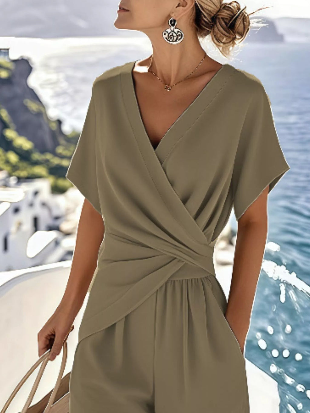 Full Size Twist Front V Neck Top And Pants Set Plus Size 008 - Poppy & Pearl Edit