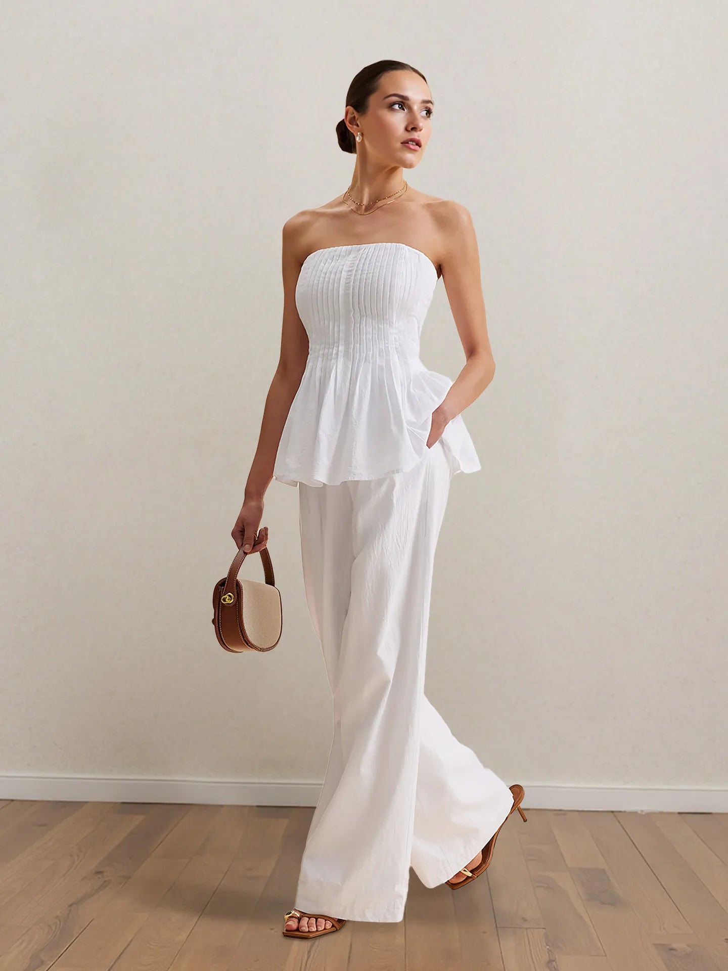 Strapless Peplum Top And Wide Leg Pants Set 001 - Poppy & Pearl Edit