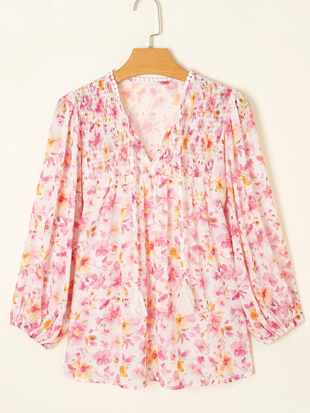 Floral Print Tassel Tie Smocked Puff Sleeve Blouse 004 - Poppy & Pearl Edit