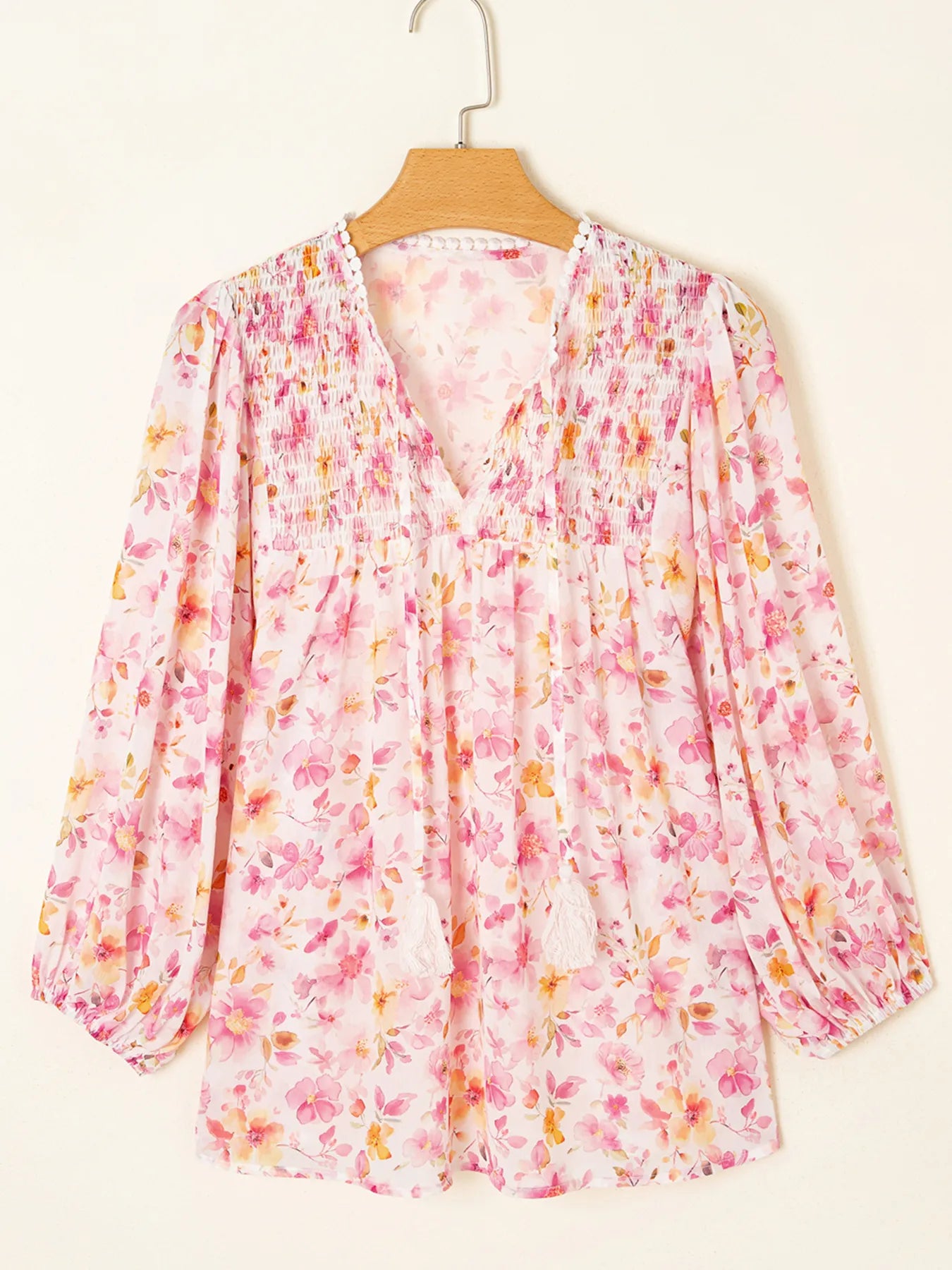 Floral Print Tassel Tie Smocked Puff Sleeve Blouse 004 - Poppy & Pearl Edit