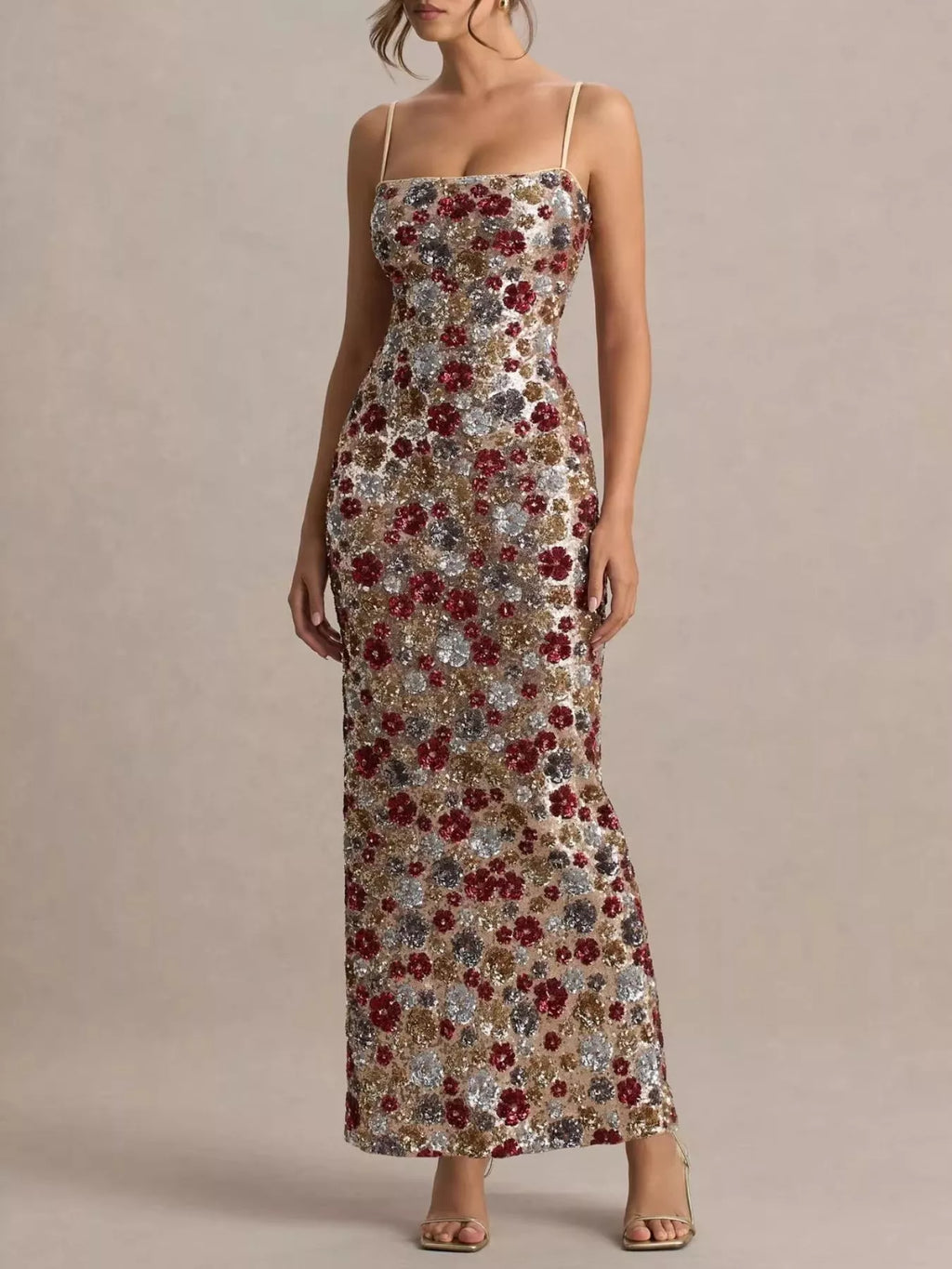 Slit Floral Sequin Bodycon Maxi Dress 003 - Poppy & Pearl Edit