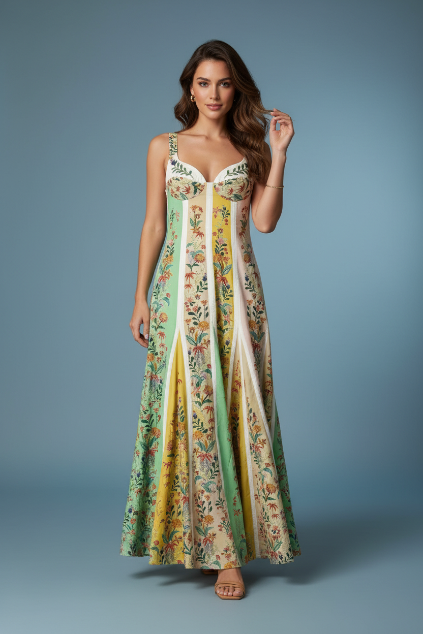 Floral Print Sweetheart Neck Maxi Dress 001 - Poppy & Pearl Edit
