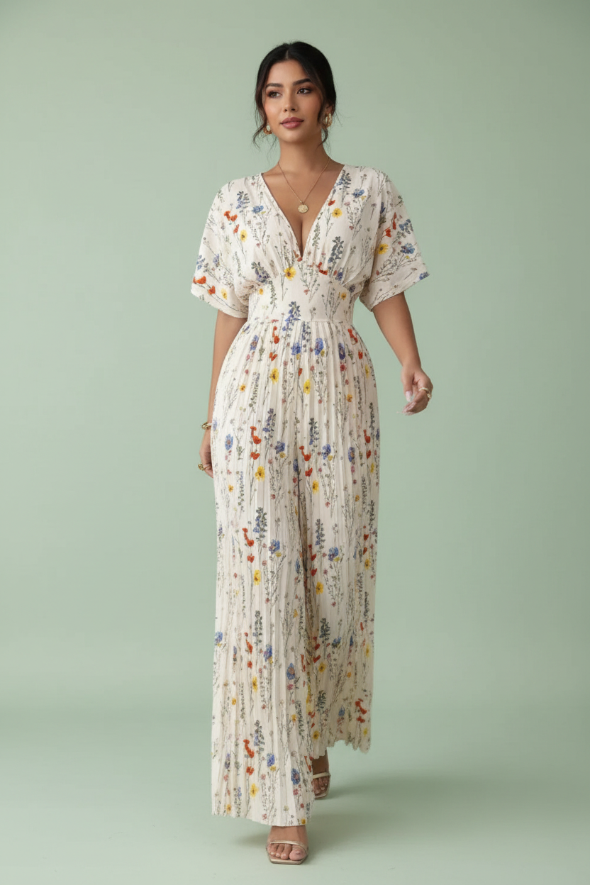 Floral Print Wide Leg Pleated Jumpsuit 002 - Poppy & Pearl Edit