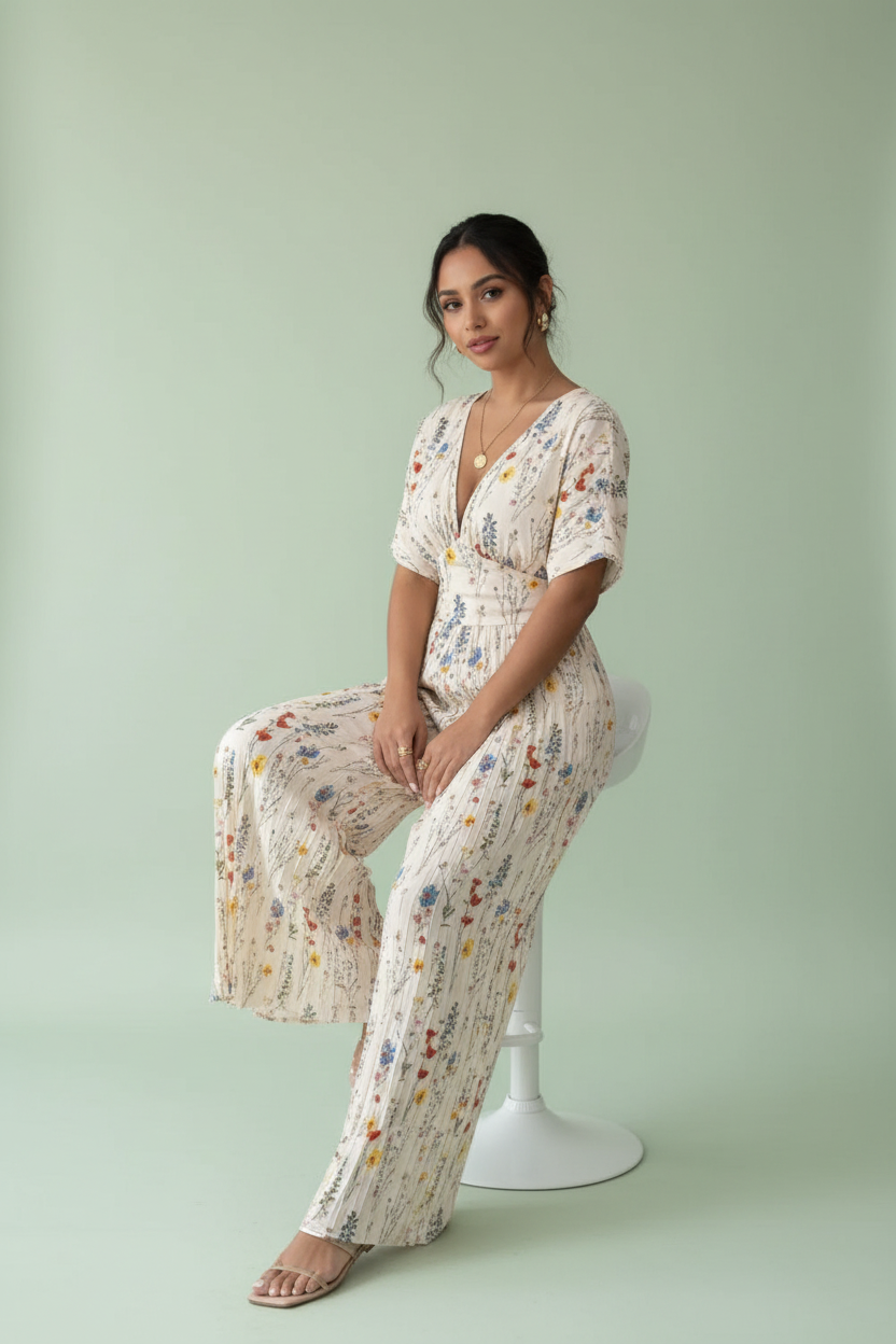 Floral Print Wide Leg Pleated Jumpsuit 001 - Poppy & Pearl Edit