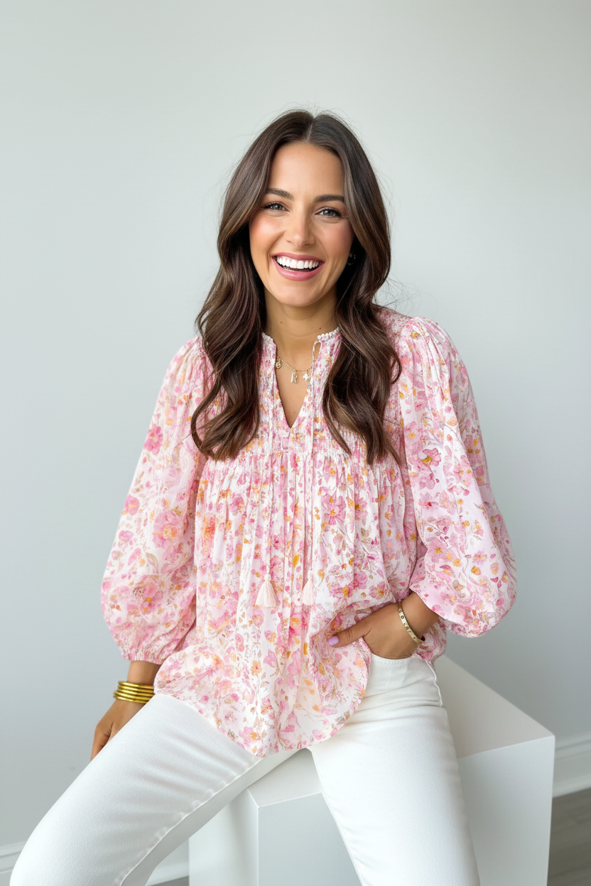 Floral Print Tassel Tie Smocked Puff Sleeve Blouse 002 - Poppy & Pearl Edit