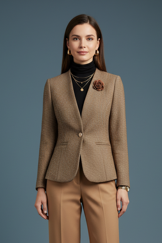 Flower One-Button Tweed Blazer - Trendy Professional Editorial