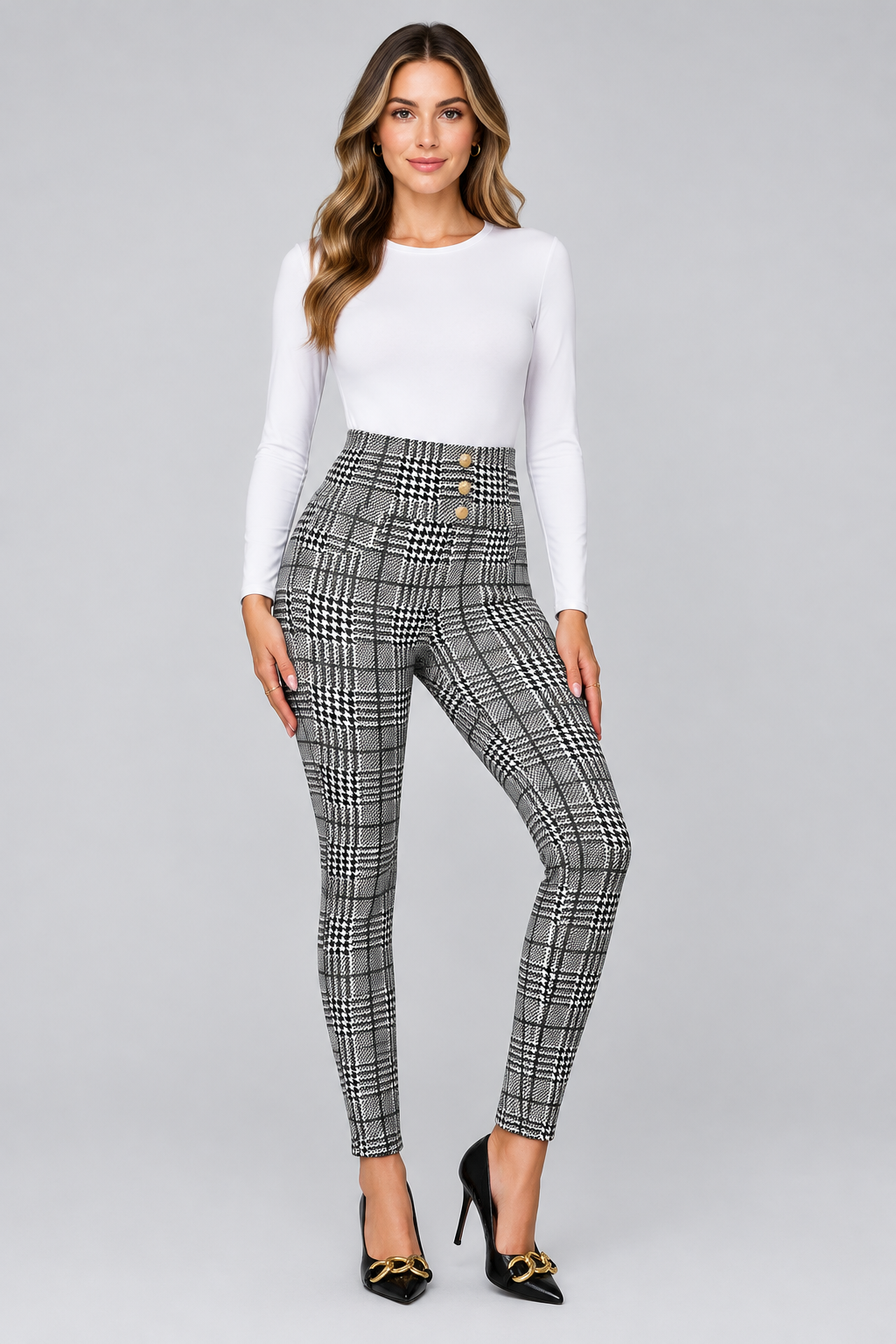 Full-body model wearing the plaid dress pants