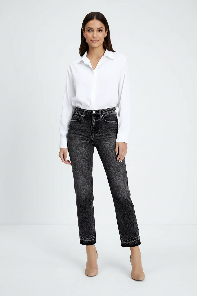 High-Waisted Distressed Hem Jeans - Professional Editorial