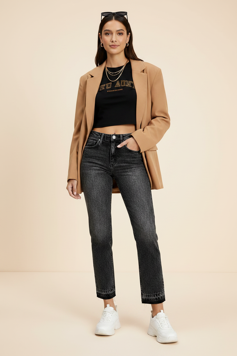 High-Waisted Distressed Hem Jeans - Trendy Editorial