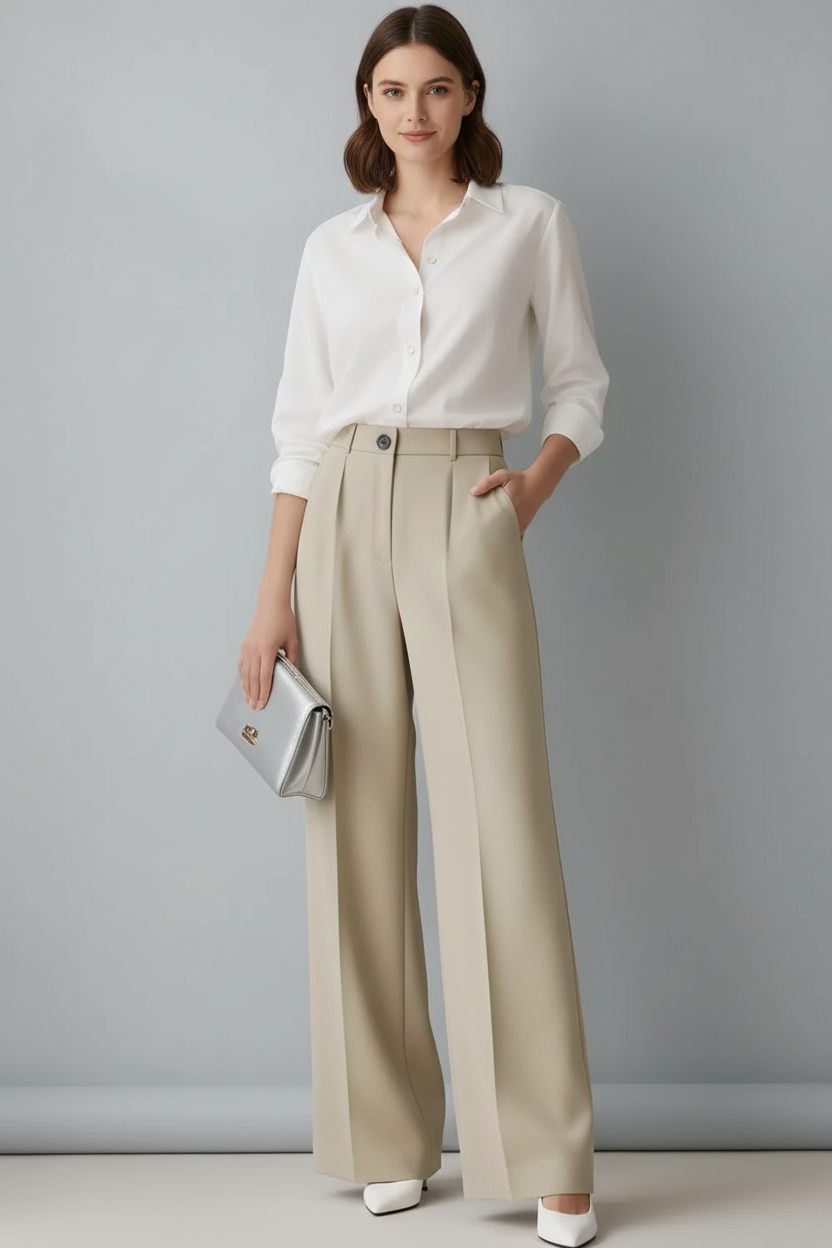 High-Waisted Wide-Leg Pants - Beige Editorial