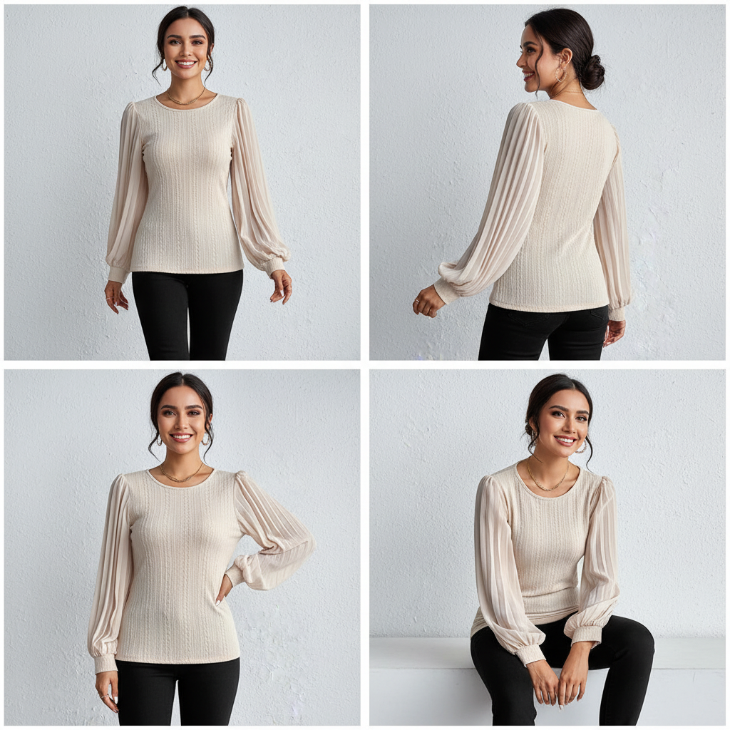 Honey Pleated Puff Sleeve Round Neck Blouse 001 - Poppy & Pearl Edit