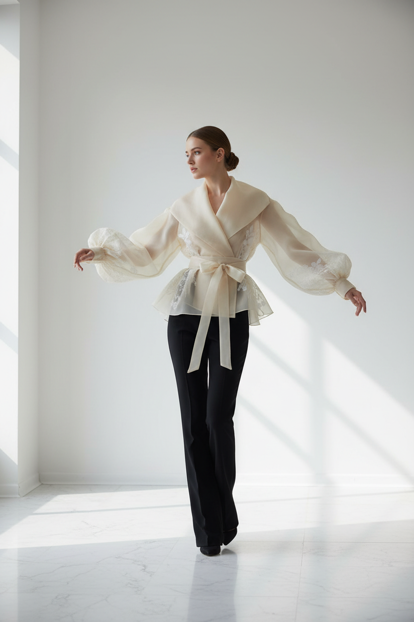 Minimalist Vintage Print Embroidery Shirt Organza Front View - Poppy & Pearl Edit