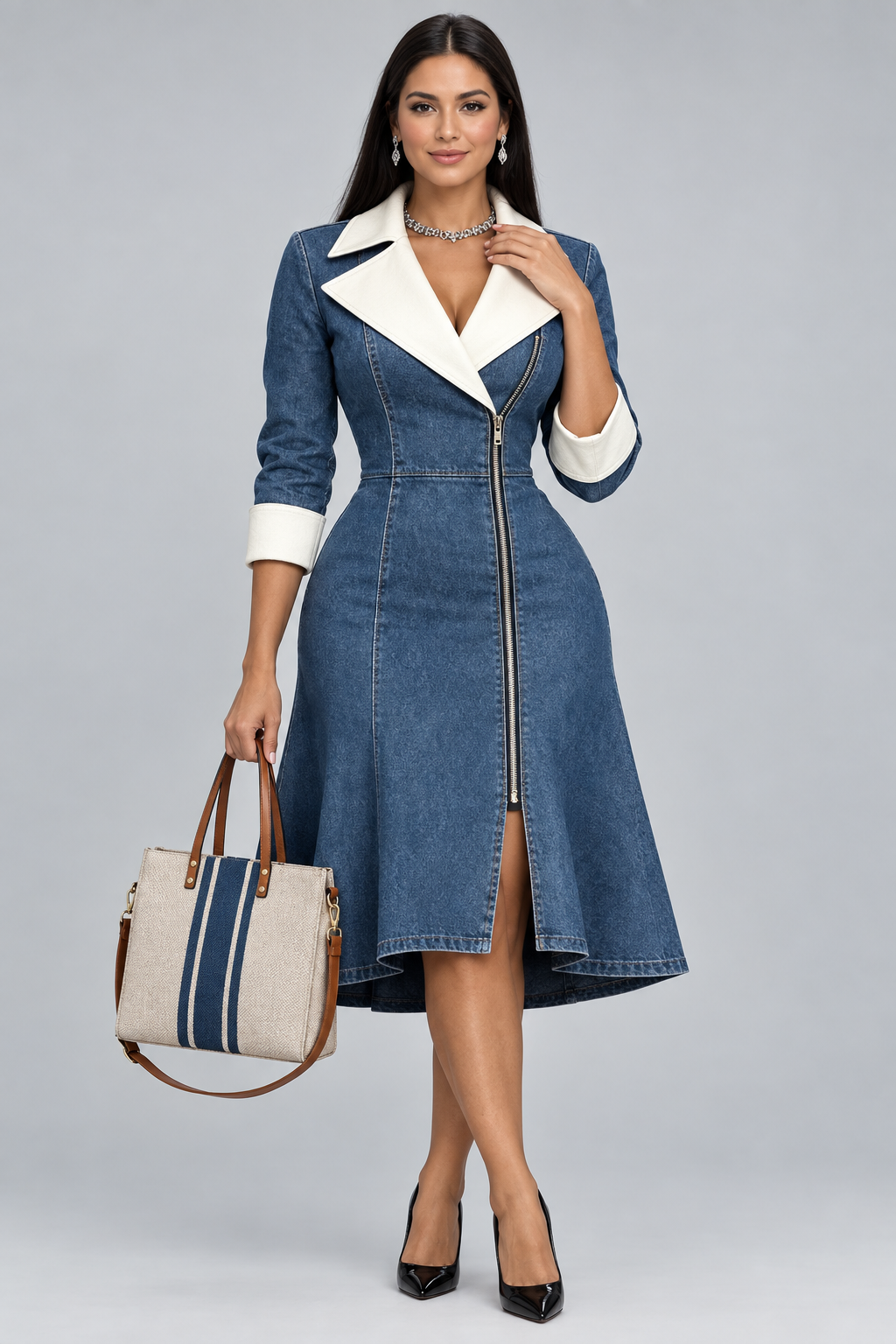 New attempt: contrast-lapel denim dress with The Striscia handbag