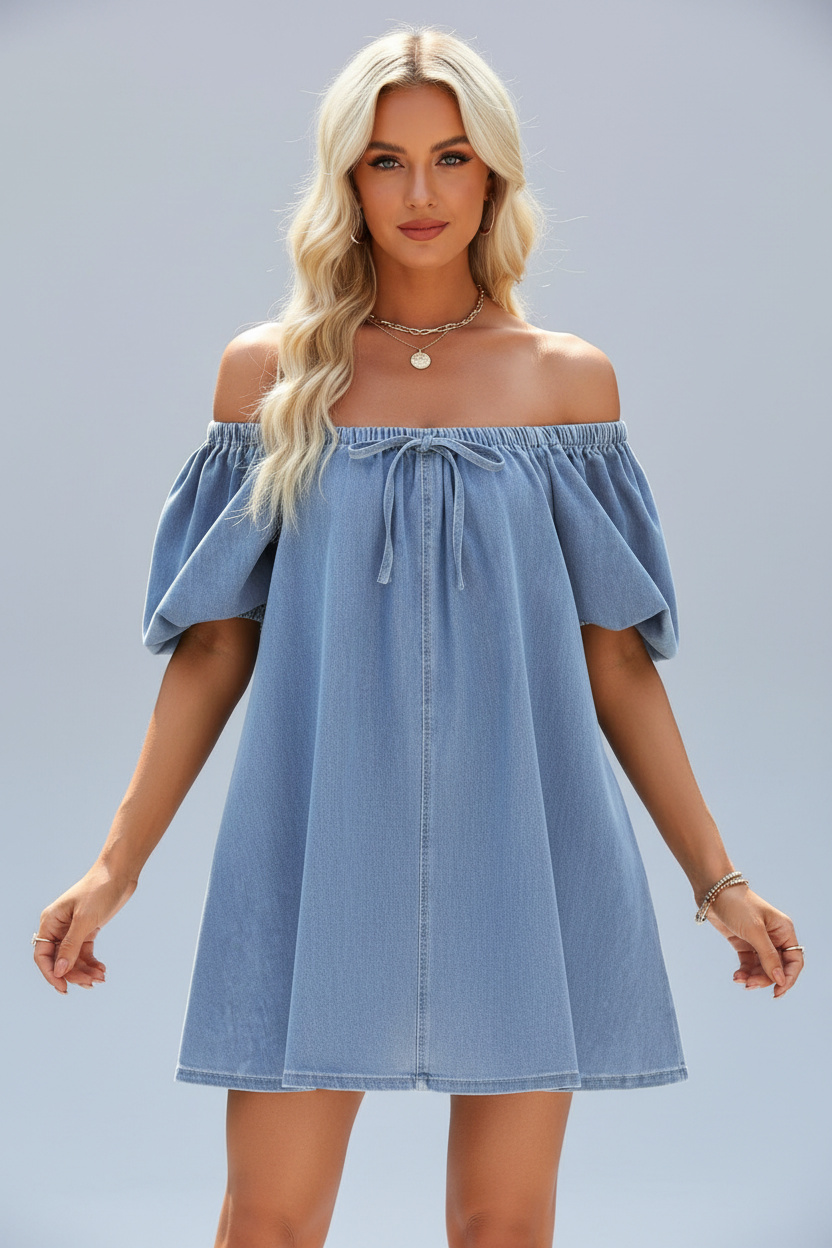Off Shoulder Tie Front Denim Dress 001 - Poppy & Pearl Edit
