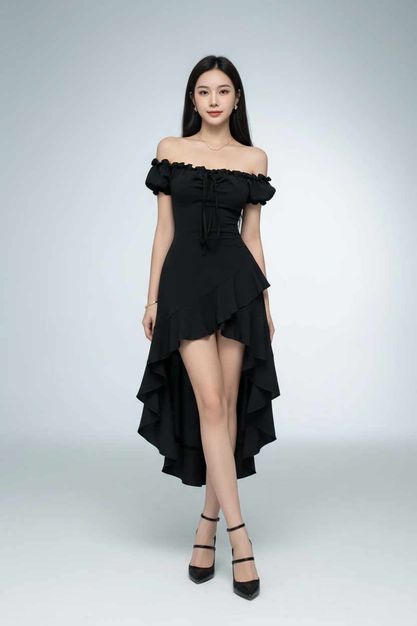 Off Shoulder Ruffle Hem High Low Dress 001 - Poppy & Pearl Edit
