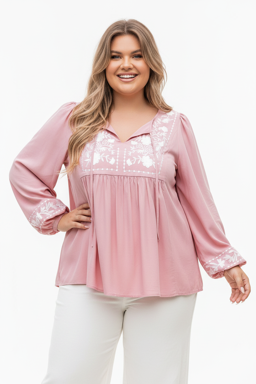Plus Size Tie Neck Puff Sleeve Blouse 001 - Poppy & Pearl Edit