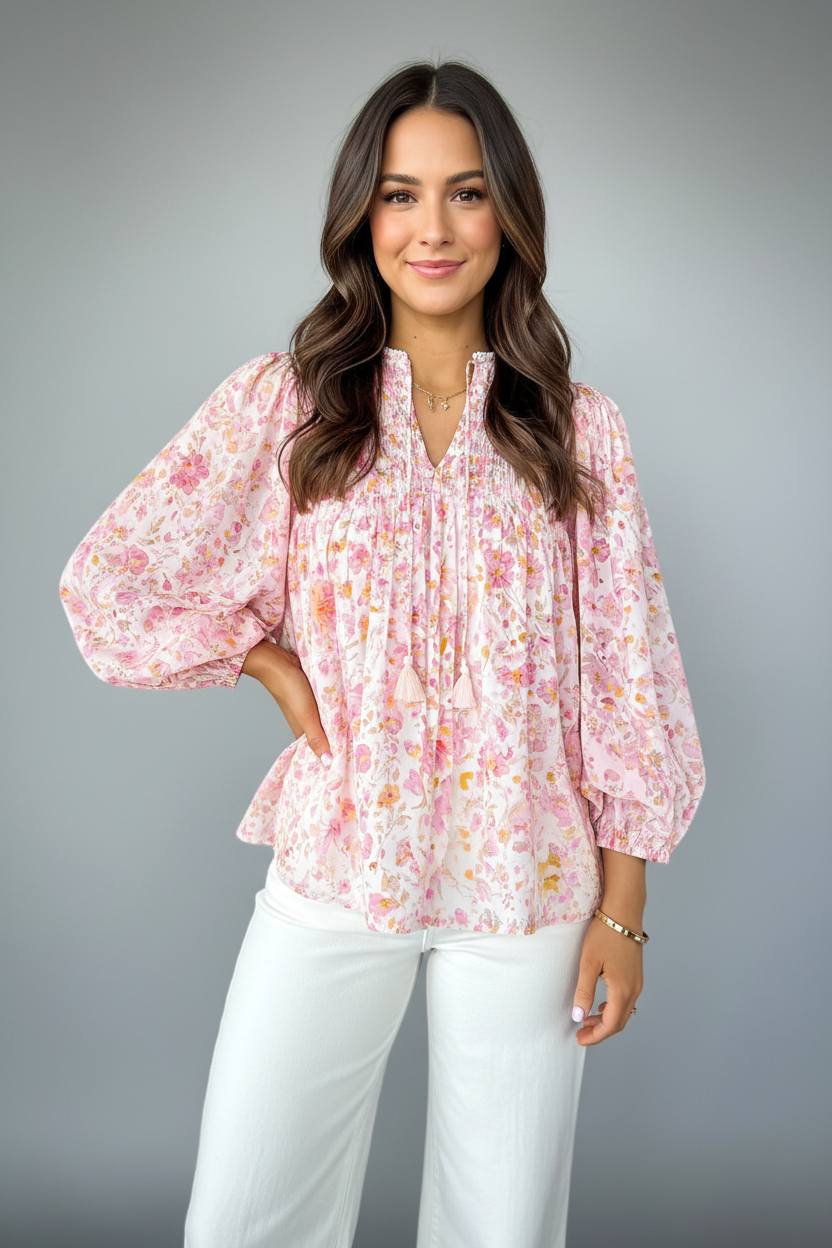 Pink Floral Blouse Ad – Grey Background – Valora