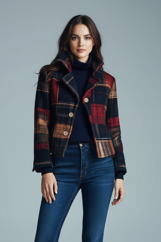 Plaid Button Up Blazer - Navy Red Camel Editorial