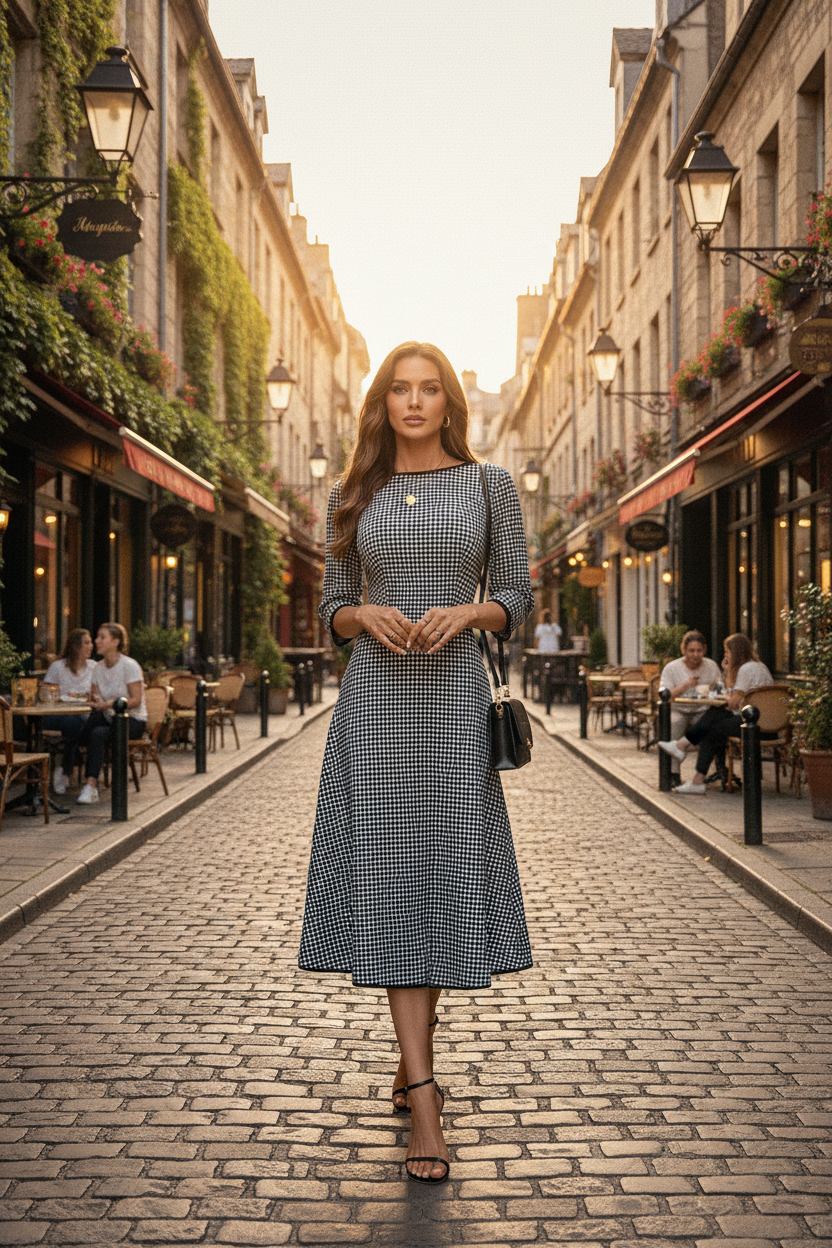 Plaid Round Neck Three Quarter Sleeve Dress Side Profile - Poppy & Pearl Edit